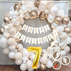 7th birthday decoration items for white and gold theme combination for boys girls  50 pc golden white orange balloon  white birthday banner  balloon pump  arch tape  glue dots