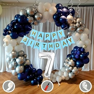 7th birthday decoration items for blue and white theme combination for boys girls  50 pcs blue white silver balloon  blue birthday banner  balloon pump  arch tape  glue dots