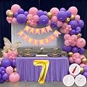 7th Birthday Decoration Items for Pink and Purple Theme Combination for Girls Princes | 50 Pcs Pink Purple Gold Balloon | Pink Birthday Banner | Balloon Pump | Arch Tape | Glue Dots