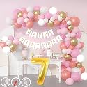 7th Birthday Decoration Items for Pink and White Theme Combination for Girls| 50 Pcs Pink White Gold Rose Gold Balloon| White Birthday Banner| Balloon Pump| Arch Tape| Glue Dots