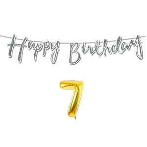 7th happy birthday decoration kit silver for 7 year old boys girls kids with number seven decorations decor celebration items item set combo reusable cursive banner