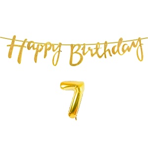7th happy birthday decoration kit golden for 7 year old boys girls kids with number seven decorations decor celebration items item set combo reusable cursive banner