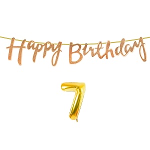 7th happy birthday decoration kit rose gold for 7 year old boys girls kids with number seven decorations decor celebration items item set combo reusable cursive banner