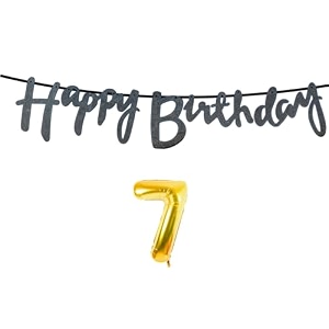 7th happy birthday decoration kit black for 7 year old boys girls kids with number seven decorations decor celebration items item set combo reusable cursive banner