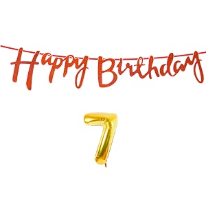 7th happy birthday decoration kit orange for 7 year old boys girls kids with number seven decorations decor celebration items item set combo reusable cursive banner