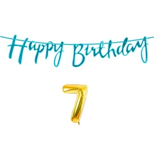 7th happy birthday decoration kit blue for 7 year old boys girls kids with number seven decorations decor celebration items item set combo reusable cursive banner