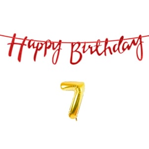 7th happy birthday decoration kit red for 7 year old boys girls kids with number seven decorations decor celebration items item set combo reusable cursive banner