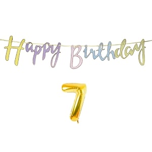7th happy birthday decoration kit multicolour for 7 year old boys girls kids multicolor with number seven decorations decor celebration items item set combo reusable cursive banner