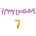 7th Happy Birthday Decoration Kit Dark Pink for 7 Year Old Boys Girls Kids with Number Seven Decorations Decor Celebration Items Item Set Combo Reusable Cursive Banner