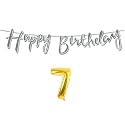 7th Happy Birthday Decoration Kit Silver for 7 Year Old Boys Girls Kids with Number Seven Decorations Decor Celebration Items Item Set Combo Reusable Cursive Banner