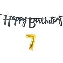 7th Happy Birthday Decoration Kit Black for 7 Year Old Boys Girls Kids with Number Seven Decorations Decor Celebration Items Item Set Combo Reusable Cursive Banner