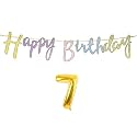 7th Happy Birthday Decoration Kit Multicolour for 7 Year Old Boys Girls Kids Multicolor with Number Seven Decorations Decor Celebration Items Item Set Combo Reusable Cursive Banner