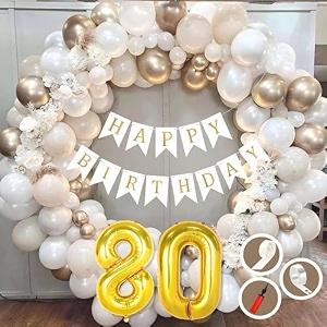 80th birthday decoration items for white and gold theme combination for boys girls  50 pc golden white orange balloon  white birthday banner  balloon pump  arch tape  glue dots