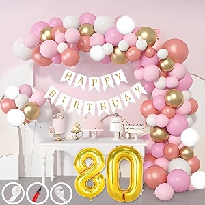 80th birthday decoration items for pink and white theme combination for girls 50 pcs pink white gold rose gold balloon white birthday banner balloon pump arch tape glue dots