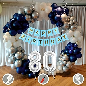 80th birthday decoration items for blue and white theme combination for boys girls  50 pcs blue white silver balloon  blue birthday banner  balloon pump  arch tape  glue dots