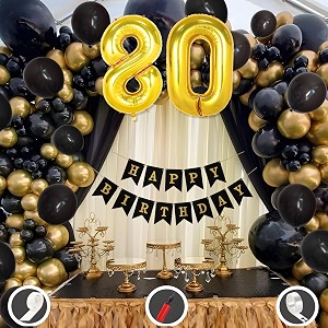 80th birthday decoration items for black and gold theme combination for boys girls  50 pcs black gold balloon  black birthday banner  balloon pump  arch tape  glue dots