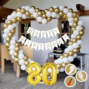 80th birthday decoration items for golden and white theme combination for boys girls  50 pcs gold white balloon  white birthday banner  balloon pump  arch tape  glue dots