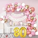 80th Birthday Decoration Items for Pink and White Theme Combination for Girls| 50 Pcs Pink White Gold Rose Gold Balloon| White Birthday Banner| Balloon Pump| Arch Tape| Glue Dots