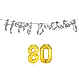 80th happy birthday decoration kit silver for 80 year old women with number eighty decorations decor celebration items item set combo reusable cursive banner