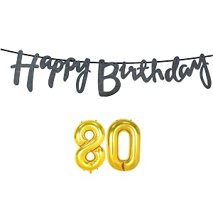 80th happy birthday decoration kit black for 80 year old women adults with number eighty decorations decor celebration items item set combo reusable cursive banner