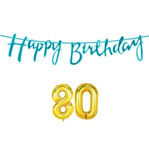 80th happy birthday decoration kit blue for 80 year old women adults with number eighty decorations decor celebration items item set combo reusable cursive banner