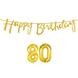 80th happy birthday decoration kit golden for 80 year old women adults with number eighty decorations decor celebration items item set combo reusable cursive banner