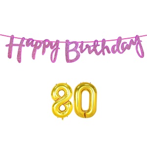 80th happy birthday decoration kit dark pink for 80 year old women with number eighty decorations decor celebration items item set combo reusable cursive banner