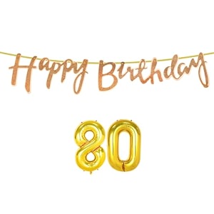 80th happy birthday decoration kit rose gold for 80 year old women with number eighty decorations decor celebration items item set combo reusable cursive banner