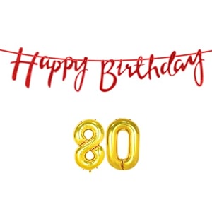 80th happy birthday decoration kit red for 80 year old women with number eighty decorations decor celebration items item set combo reusable cursive banner