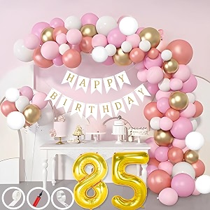 85th birthday decoration items for pink and white theme combination for girls 50 pcs pink white gold rose gold balloon white birthday banner balloon pump arch tape glue dots