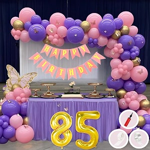 85th birthday decoration items for pink and purple theme combination for girls princes  50 pcs pink purple gold balloon  pink birthday banner  balloon pump  arch tape  glue dots