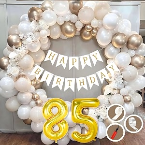 85th birthday decoration items for white and gold theme combination for boys girls  50 pc golden white orange balloon  white birthday banner  balloon pump  arch tape  glue dots