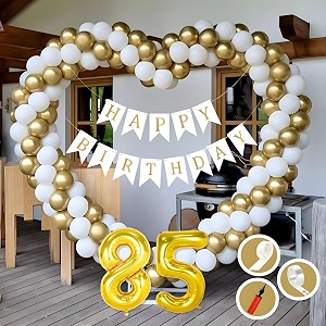 85th birthday decoration items for golden and white theme combination for boys girls  50 pcs gold white balloon  white birthday banner  balloon pump  arch tape  glue dots