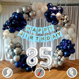85th birthday decoration items for blue and white theme combination for boys girls  50 pcs blue white silver balloon  blue birthday banner  balloon pump  arch tape  glue dots
