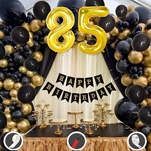 85th birthday decoration items for black and gold theme combination for boys girls  50 pcs black gold balloon  black birthday banner  balloon pump  arch tape  glue dots