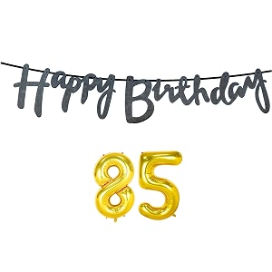 85th happy birthday decoration kit black for 85 year old women adults with number eighty-five decorations decor celebration items item set combo reusable cursive banner