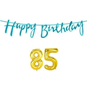 85th happy birthday decoration kit blue for 85 year old women adults with number eighty-five decorations decor celebration items item set combo reusable cursive banner
