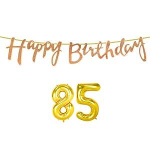 85th happy birthday decoration kit rose gold for 85 year old women with number eighty-five decorations decor celebration items item set combo reusable cursive banner