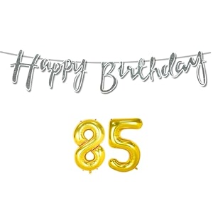 85th happy birthday decoration kit silver for 85 year old women with number eighty-five decorations decor celebration items item set combo reusable cursive banner