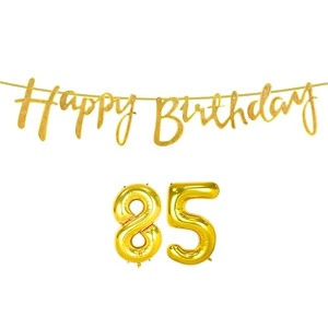 85th happy birthday decoration kit golden for 85 year old women adults with number eighty-five decorations decor celebration items item set combo reusable cursive banner