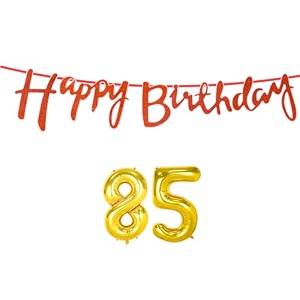 85th happy birthday decoration kit orange for 85 year old women adults with number eighty-five decorations decor celebration items item set combo reusable cursive banner