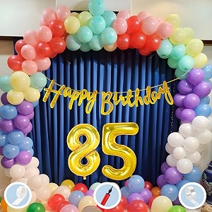 85th multicolour birthday decoration items for boys girls kids mens women  60 pcs mix color balloons  gold cursive glitter birthday banner  balloon pump  arch tape  glue dots
