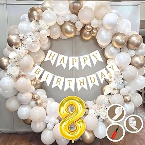8th birthday decoration items for white and gold theme combination for boys girls  50 pc golden white orange balloon  white birthday banner  balloon pump  arch tape  glue dots
