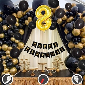 8th birthday decoration items for black and gold theme combination for boys girls  50 pcs black gold balloon  black birthday banner  balloon pump  arch tape  glue dots