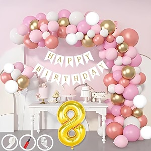 8th birthday decoration items for pink and white theme combination for girls 50 pcs pink white gold rose gold balloon white birthday banner balloon pump arch tape glue dots