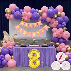 8th birthday decoration items for pink and purple theme combination for girls princes  50 pcs pink purple gold balloon  pink birthday banner  balloon pump  arch tape  glue dots