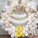 8th Birthday Decoration Items for White and Gold Theme Combination for Boys Girls | 50 Pc Golden White Orange Balloon | White Birthday Banner | Balloon Pump | Arch Tape | Glue Dots