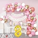 8th Birthday Decoration Items for Pink and White Theme Combination for Girls| 50 Pcs Pink White Gold Rose Gold Balloon| White Birthday Banner| Balloon Pump| Arch Tape| Glue Dots
