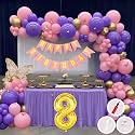 8th Birthday Decoration Items for Pink and Purple Theme Combination for Girls Princes | 50 Pcs Pink Purple Gold Balloon | Pink Birthday Banner | Balloon Pump | Arch Tape | Glue Dots