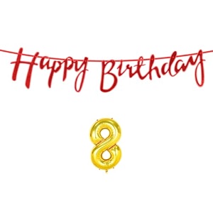 8th happy birthday decoration kit red for 8 year old boys girls kids with number eight decorations decor celebration items item set combo reusable cursive banner